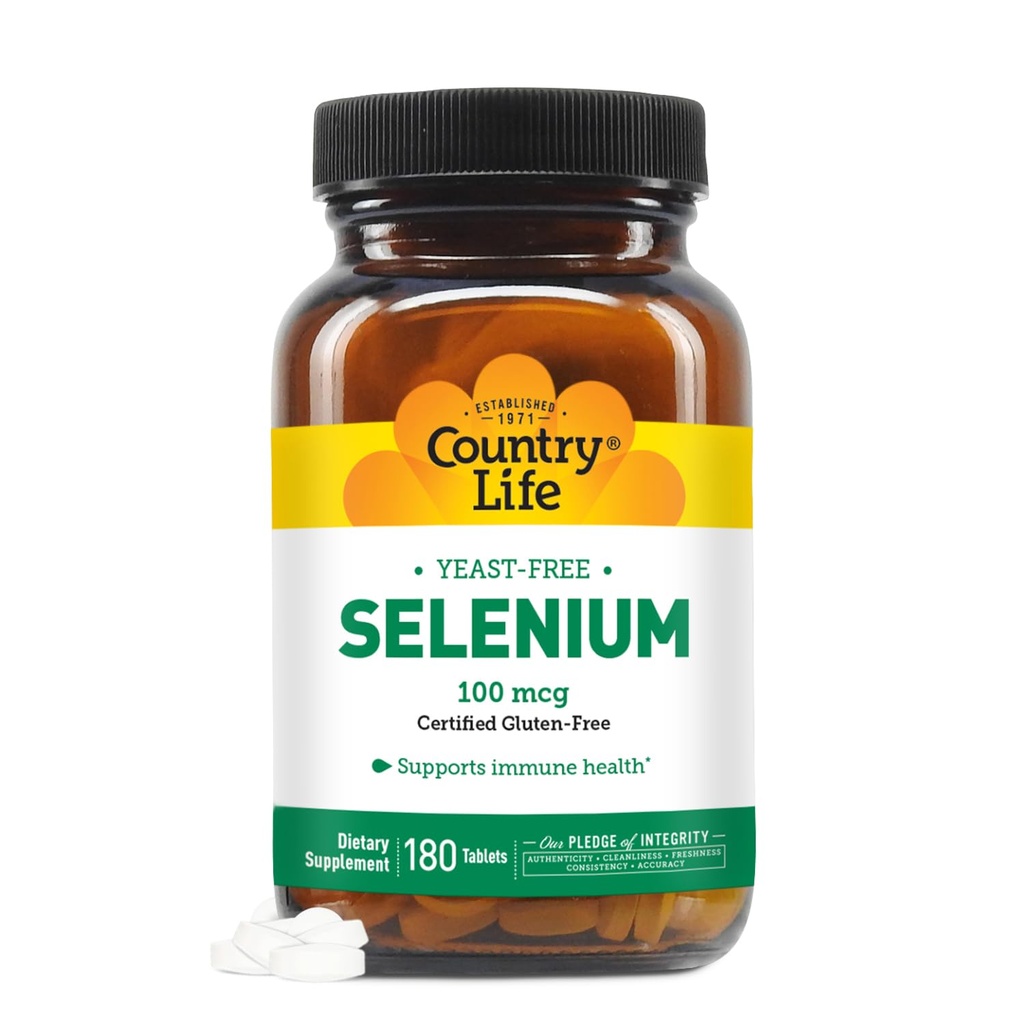 Country Life Selenium, Yeast Free, Supports Immune Health, 100 mcg, 180 Tablets, Gluten Free, Vegan, Halal