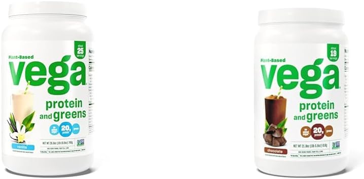 Vega Proteínas y Verdes Polvo Proteína, Vainilla - 20g Proteína con base vegetal más verduras, Vegan &amp; Proteína y Verdes Proteína Chocolate de Polvo (19 Servimientos) - 20g Proteína con base vegetal Plus
