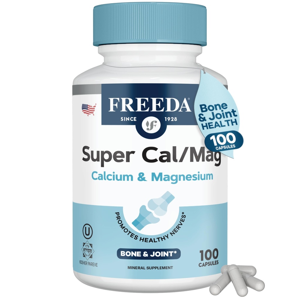 Freeda 2:1 Calcium Magnesium Supplement – Magnesium and Calcium Supplements for Women & Men – Bone Health & Strength, Nerve Function & Muscle Relaxation – Vegan, Third-Party Tested (100 Capsules)