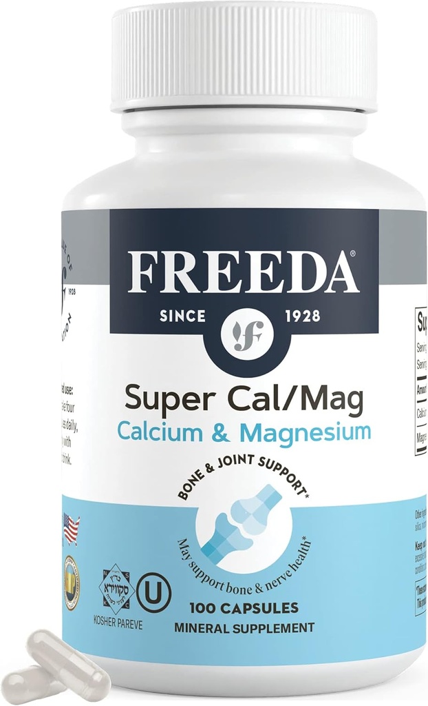 Freeda Super Cal/Mag – Kosher Vegan Bone Health Supplement – Supports Bone Strength, Nerve Function & Muscle Relaxation – Vegetarian Calcium Magnesium Capsules – Third-Party Tested – (100 cápsulas)