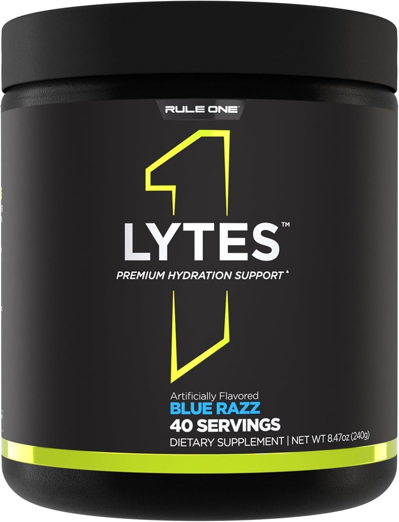 Regla 1 Lytes - Hydration Support Mix Destacando 5 Electrolyte Minerals Mejorados con Citrullina, Agua de Coco y Polvos de sandía, Más Antioxidante Vitamina C (40 Servings, Blue Razz)