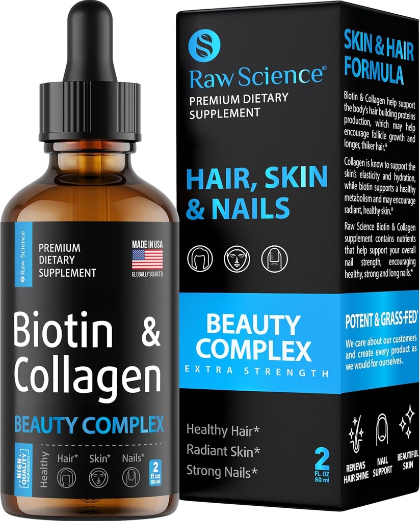Collagen líquido " Suplementos de biotina para el crecimiento del cabello - Biotina 10000mcg Colagen Peptides 20000mcg gotas - Vitaminas para la pérdida del cabello para hombres, piel y uñas reforzador - hecho en EE.UU., 2 floz