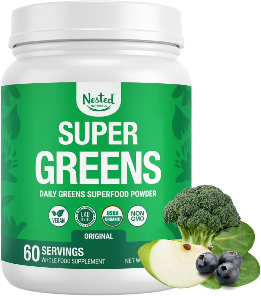 Naturales anidados Super Greens Daily Superfood Powder - Certified USDA Organic Green Powder w/20+ Whole Foods, Spirulina Powder, Wheat & Barley Grass - Probiotics, Fiber & Enzymes - Original Flavor, 60