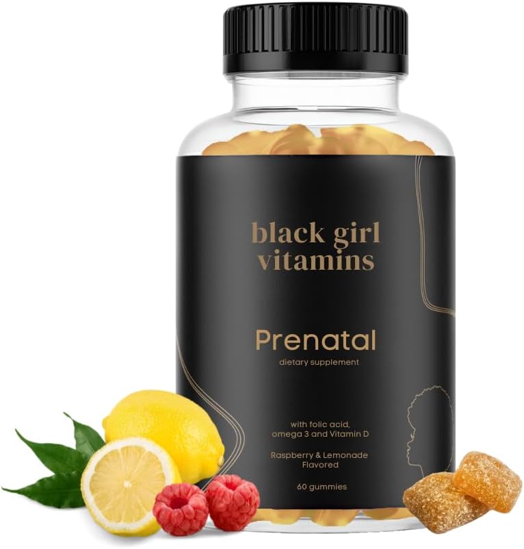 Vitaminas de las niñas negras - Gummies prenatales para las mujeres Vitamina con Folato para el apoyo a la salud ósea, libre de gluten, (Raspberry-Lemonade), 60ct