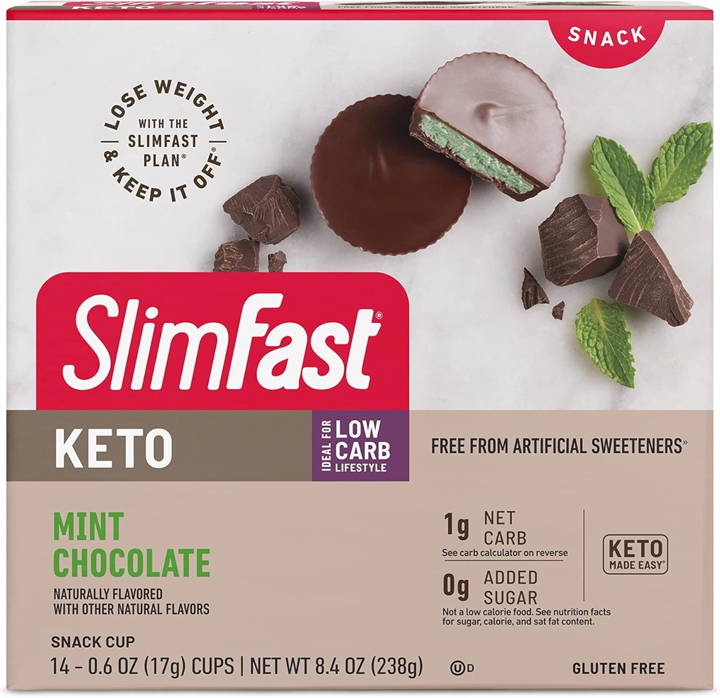 SlimFast Keto Fat Bomb Snack Cup, Mint Chocolate, Keto Snacks para la pérdida de peso, Low Carb con 0g Añadido Sugar, 14 Count Box (Packaging May Vary)