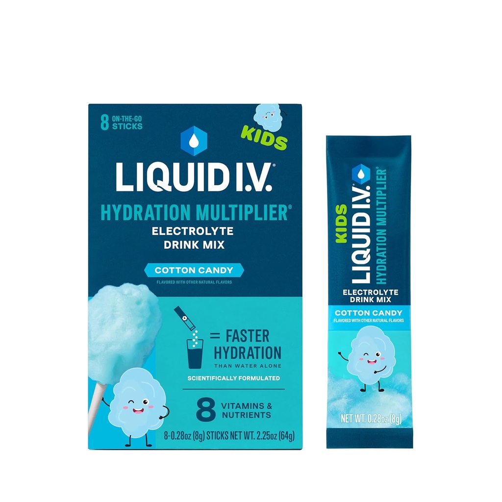 Liquid I.V.® Hydration Multiplier® +Kids - Cotton Candy ¦ Electrolyte Powder Drink Mix tención 2 Pack (16 Servings)