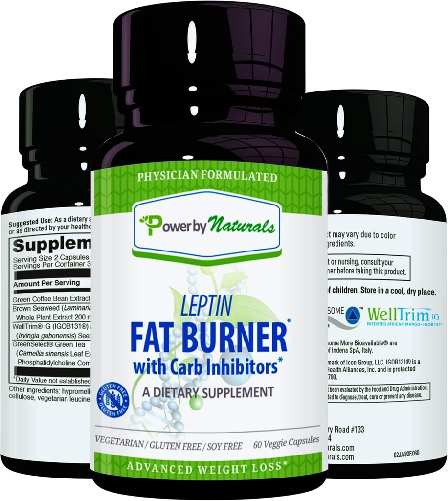 Power By Naturals: Leptin Fat Burner with Carb Blocker - 60 cápsulas sin gluten, Leptin Weight Píldoras dietéticas, Efficient Fat Burner, Appetite Suppressant