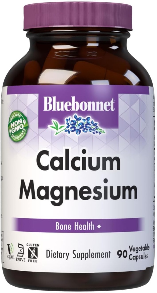 Bluebonnet Nutrition Calcium &amp; Magnesium, Bone Health*, Non-GMO, Vegan, Kosher Certified, Gluten-Free, Soy-Free, 90 cápsulas vegetales, 30 piezas