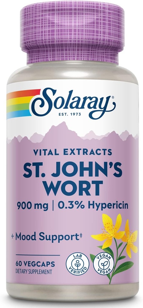 SOLARAY St. Johns Wort Aerial Extract 450mg Two Daily TEN Mood & Brain Health Support TENIDO 0,3% Hypericin TEN 60ct, 30 Serv.