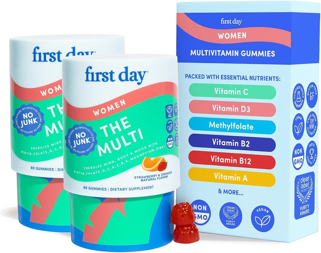 PRIMER DÍA Multivitamínico para Mujeres - Mujeres Diarias Gummies Multivitamínicas - Vitamina A C D E B12, Magnesio, Zinc, Biotina – Vegan, Gluten Mujeres Libres Vitaminas - Crecimiento del cabello, Esquía, Energía – 60 Day Supply