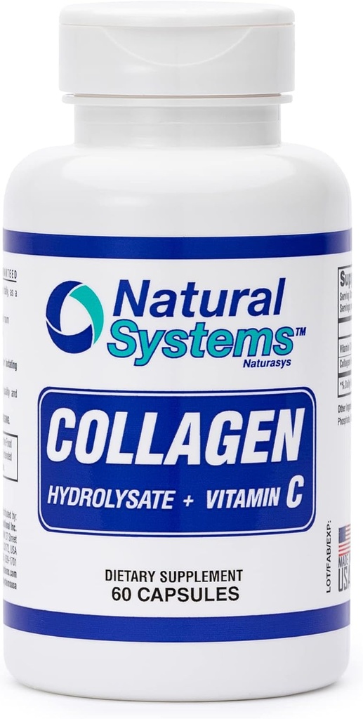 Collagen Plus Vitamina C por Natural Systems 60 cápsulas - Collagen Hidrolysate y Vitamina C para Pelo Vital y Esquí - Colagen Suplementos Mujeres y Hombres - Hidrolyzed Collagen Peptides Powder Pills