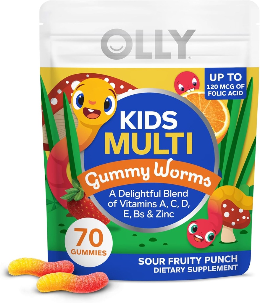 OLLY Kids Multivitamin Gummy Worms, Global Health and Immune Support, Vitamins and Minerals A, C, D, E, Bs and Zinc, Chewable Supplement, Sour Fruit Punch, 45 Day Supply - 70 Count