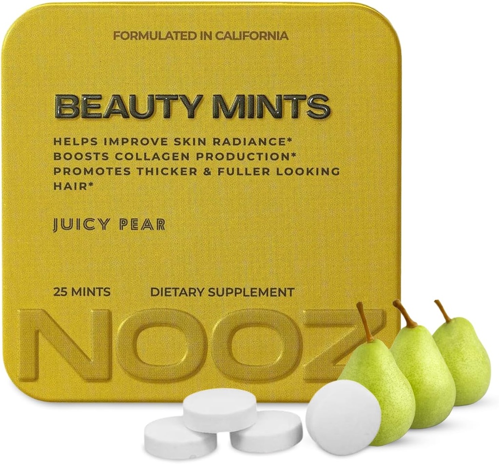 Nueces de belleza NOOZ - Menta de biotina libre de azúcar para la piel de alambramiento, cabello saludable &amp; uñas fuertes - Juicy Pear Flavor ← Travel-Friendly Suplemento con antioxidantes, vitamina C, B6 &amp; B12