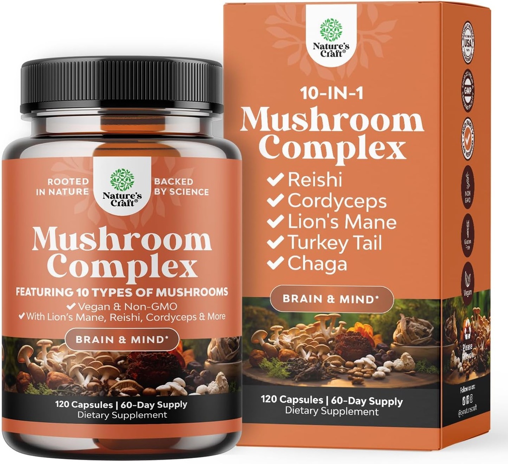 Complejo avanzado de setas cápsulas - 10X Lions Mane suplemento cápsulas con Reishi, Chaga, Maitake " Shiitake for Brain Health Memory Support " Focus - Nootropic for Mental Clarity - 120 caps