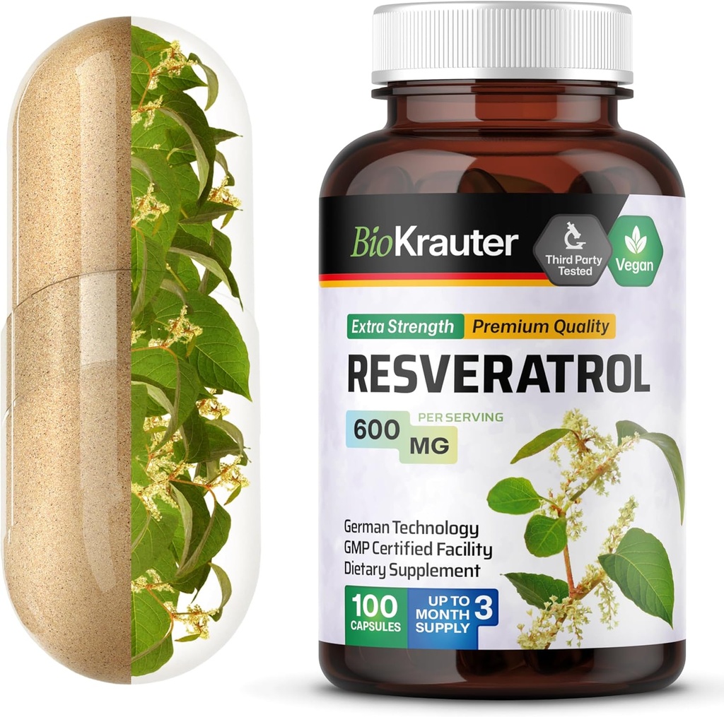 BIO KRAUTER Resveratrol Supplement Capsules 600 mg - 100 Conde - Natural Antioxidante Fuente - 98% Puro Trans Resveratrol Powder - Vegan