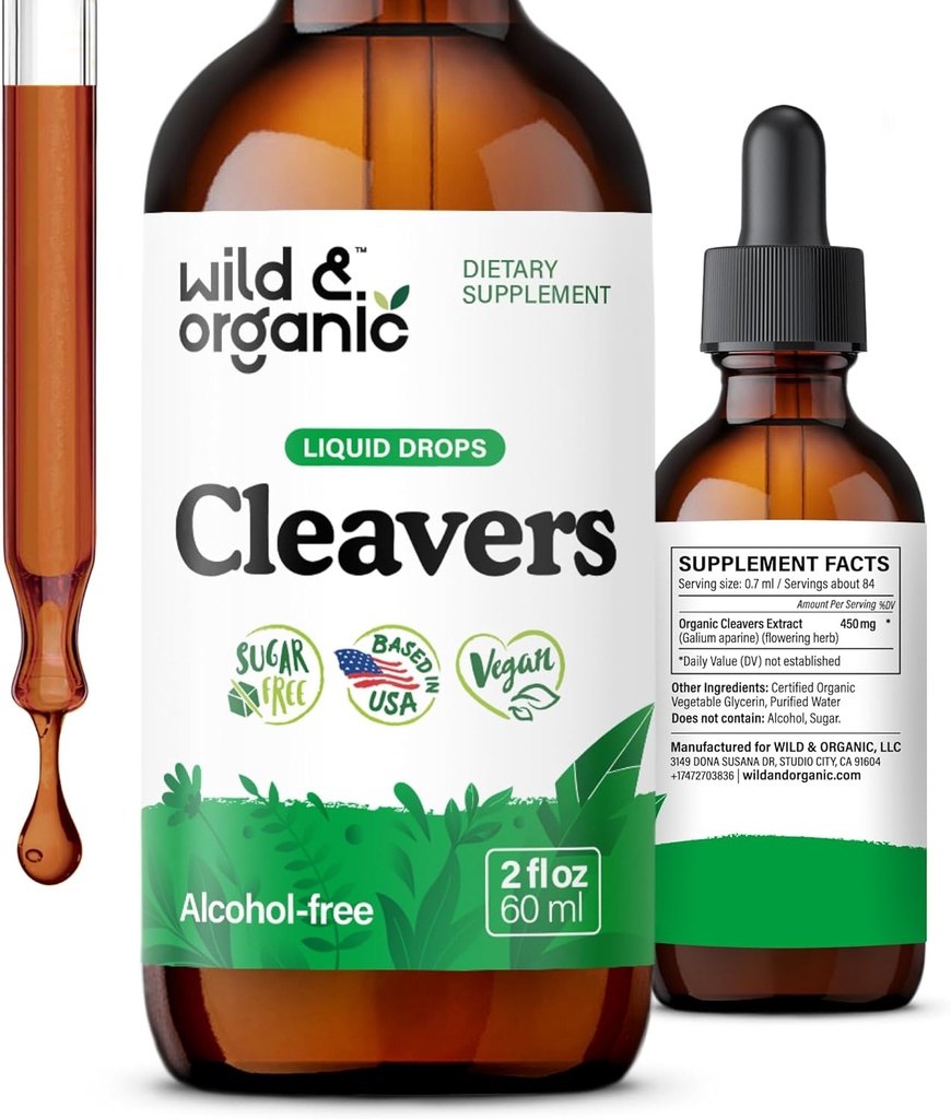 Wild &amp; Organic Cleavers Tincture - Natural Detox gotas con la hoja de Cleavers - Galium Aparine Herb Extracto Suplemento - Vegan, Azúcar &amp; Sin alcohol - 2 fl oz