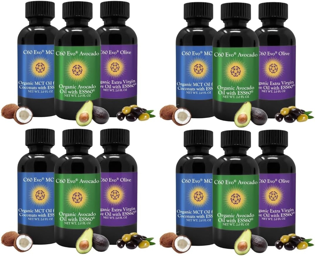Aceites comestibles All-Natural, Mini Aceite Sampler Conjunto con Puro C60 ESS60, Soporte Inmuno y Suplemento de Soporte Conjunto con Aceite de Oliva, Aceite de Aguacate &amp; Aceite de coco MCT, Conjunto de 12, 2 Oz