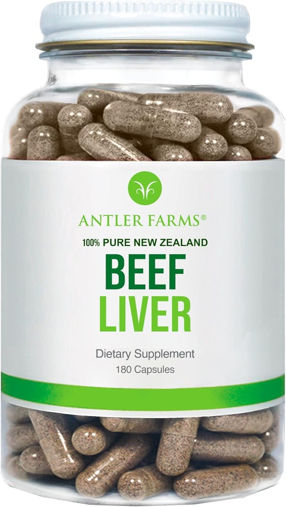 Antler Farms - 100% Pure New Zealand Beef Liver, 180 Capsules, 500mg - Grass Fed, Cold Processed Supplement, Pure and Clean rBGH Free, No Fillers or Additives