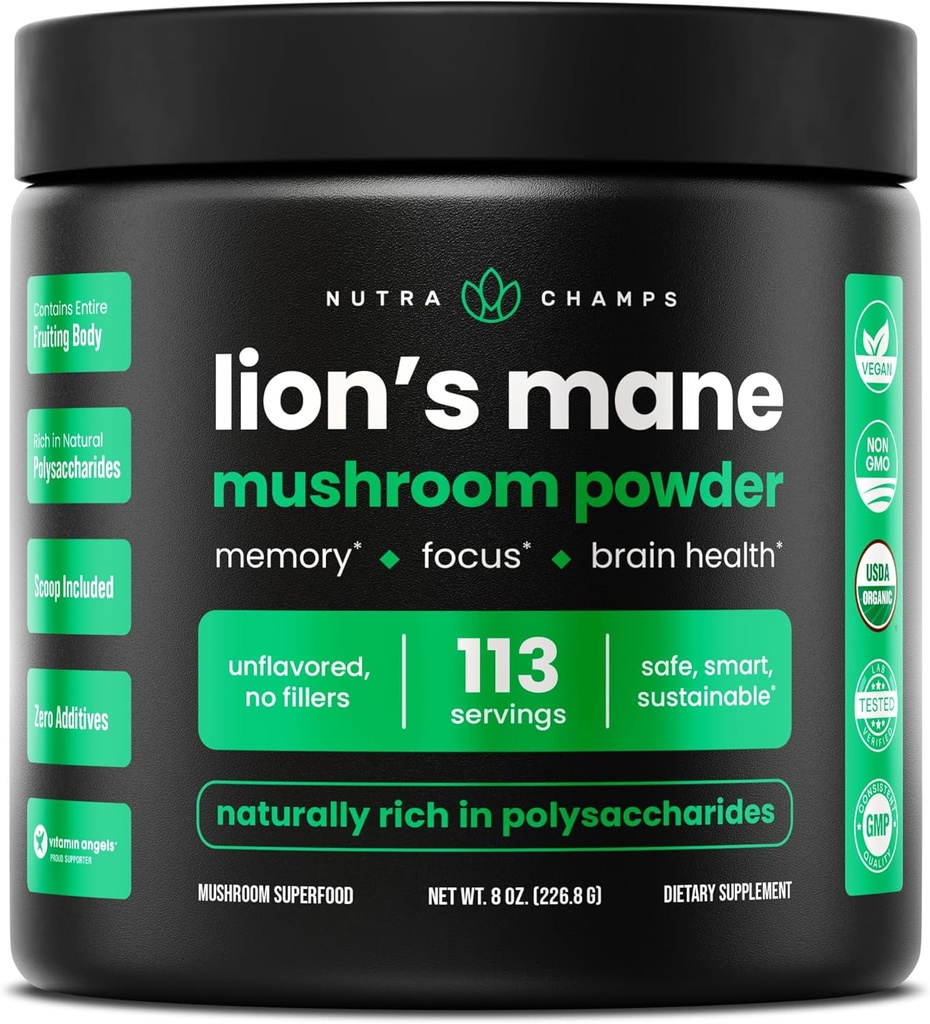 NutraChamps Organic Lions Mane Powder - 2000mg Powerful Nootropic for Memory, Focus, Immune Support - Vegan Lion's Mane Mushroom Suplemento con Beta-Glucans naturalmente recurrente - 8oz