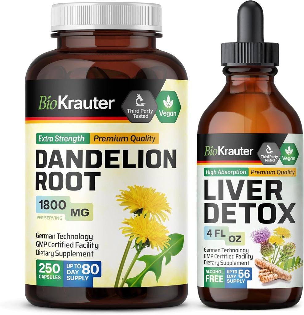 BIO KRAUTER Dandelion Root 250 Capsules " Liver Support Tincture 4 Fl. Oz.