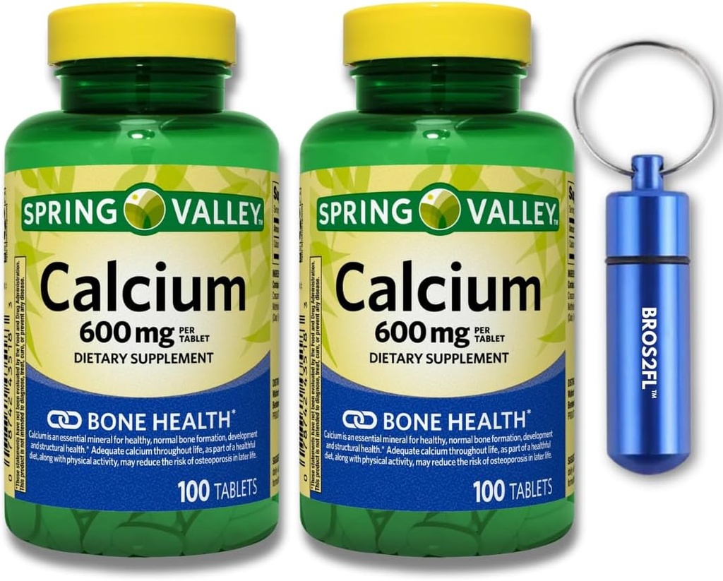 Calcio Bone Health Dietary Supplement Tablets, 600 mg, 100 Count (2-Pack) Bundle with BROS2FL Keychain Waterproof Portable Metal Pill Box (2 Items)