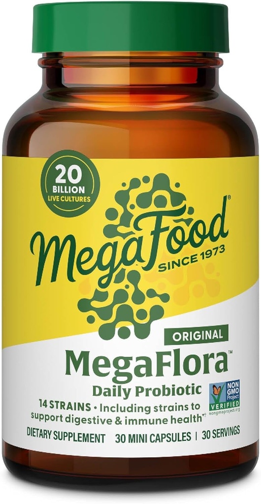 MegaFood MegaFlora Probiótico - Probióticos para Mujeres Salud Digestiva - Suplemento de Apoyo Inmunitario - 20 Billones CFU - 14 Strains - Non-GMO - Vegetariano - 30 Mini Capsules (30 Servimientos)
