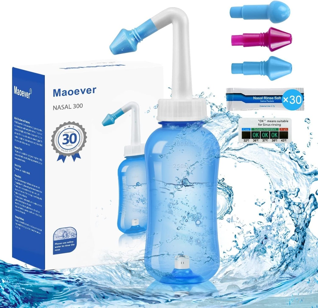 MAOEVER Neti Pot Sinus Rinse Nasal Wash 300ML Neti-Pot with 30 Nasal Wash Salt Packets and Sticker Thermometer Nose Cleaner Washing Bottle Cleaner Pressure Irrigation for Adult & Kid BPA Free (Blue)