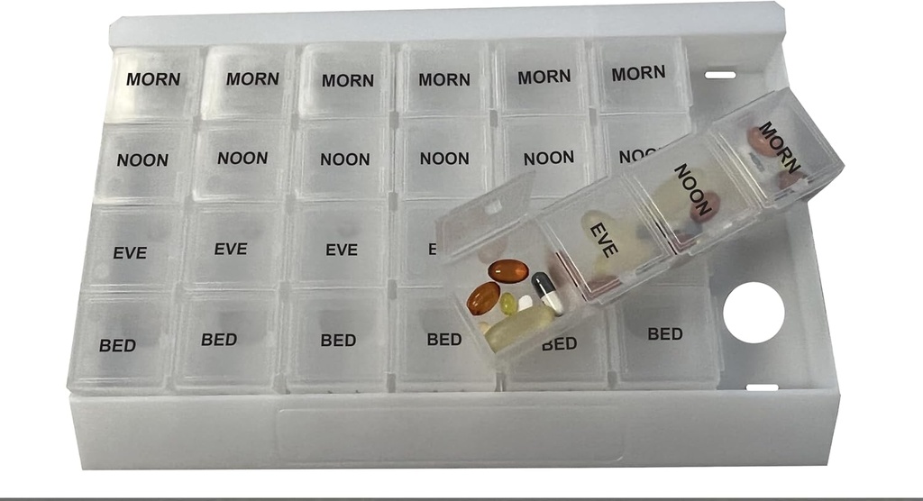 ProMed Unique XL Weekly 4 Times Daily 7 Day Pill Organizer for Medication, Vitamins & Supplements, Pill case with Removable Clear compartimentos Eso es libre de BPA con plástico de grado alimenticio.