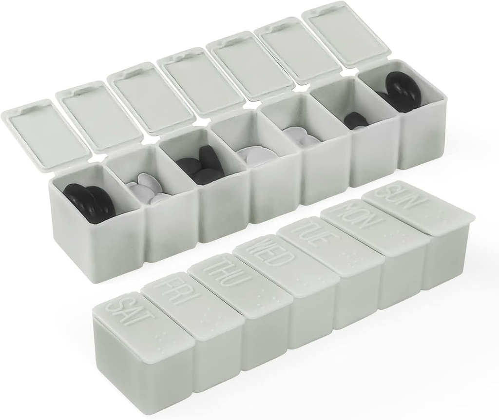 Organizador semanal de pequeñas píldoras, Caso de 7 días de píldoras, Caja de medicina de caso diario, Contenedores de píldoras para suplementos de aceite de pescado(2Pcs,Grey)