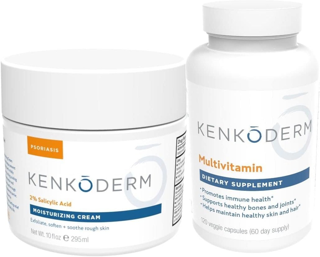 Kenkoderm Psoriasis Moisturizing Cream & Multivitamin Skin Care Bundle, Moisturizing Cream with Salicylic Acid, 10 oz & Multivitamin with Omega 3 & Vitamin D, Immune Support Supplement, 120 Capsules