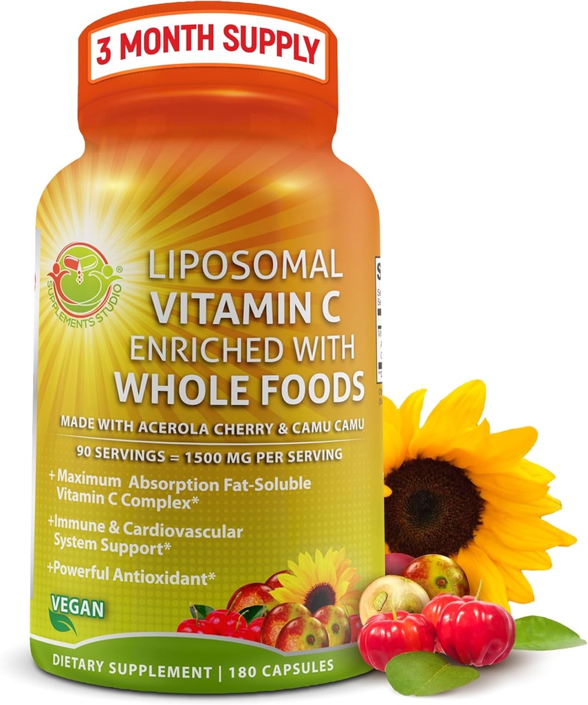 Liposomal Vitamina C Capsules - 1500mg - Hecho con Cerezas de Acerola Orgánica &amp; Camu Camu, Alta Potencia Vitamina C Liposomal - Suplemento de Apoyo Inmuno, Absorción Mejorada & Biodisponibilidad - 180 Conde