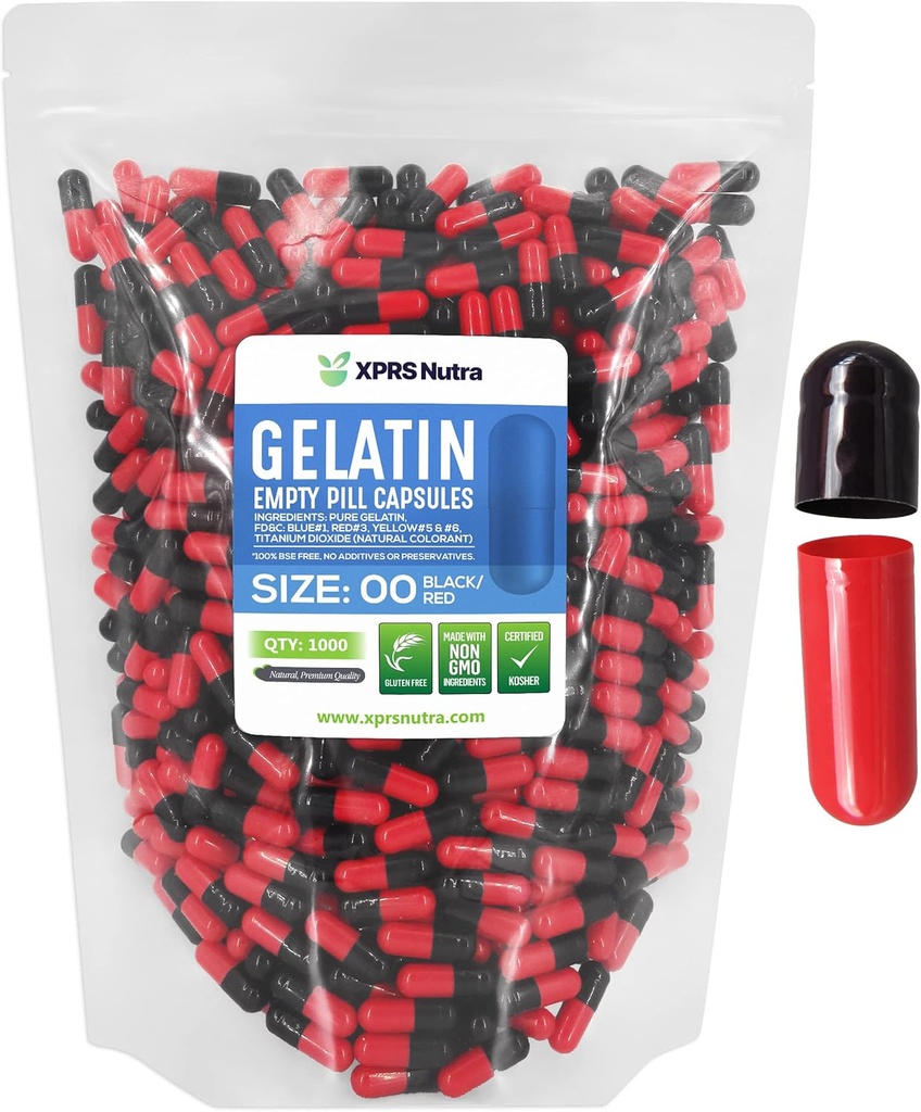 XPRS Nutra Size 00 Empty Capsules - 1000 Count Empty Gelatin Capsules - Pills DIY Capsule Filling - Fillable Pill Gel Caps for Do-It-youself Supplements (Black/Red)