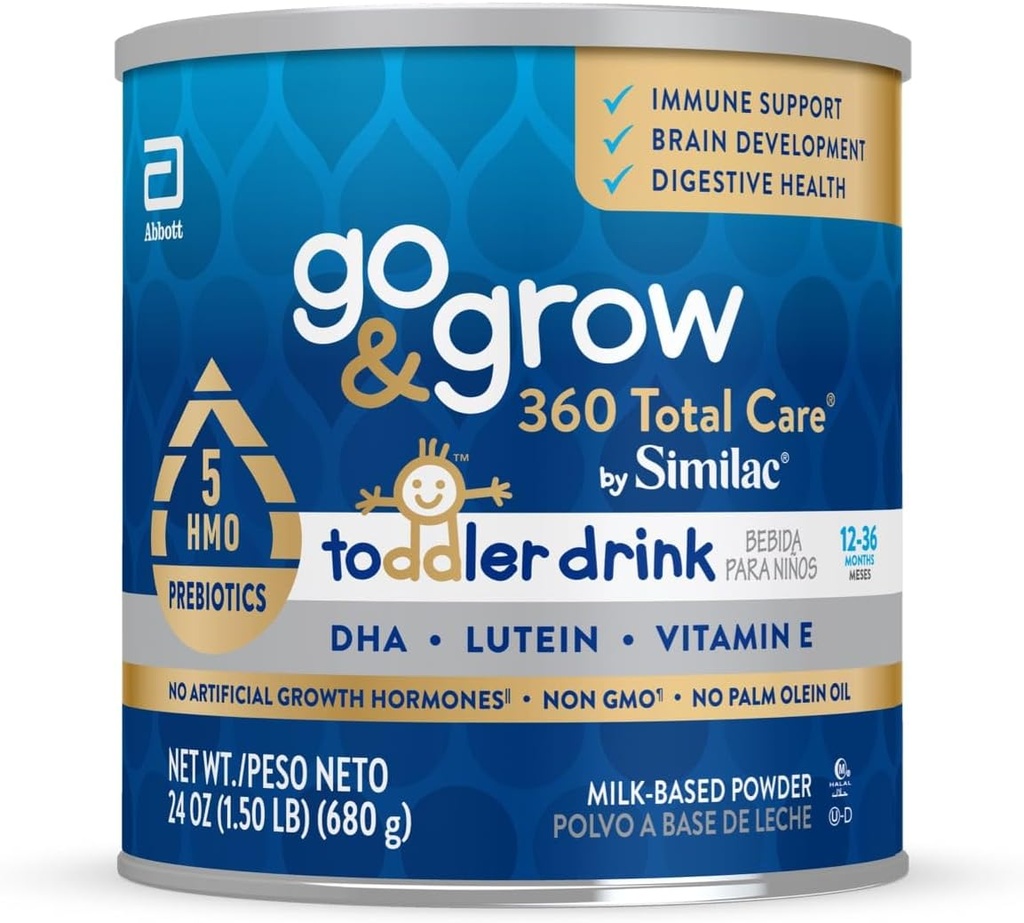 Go &amp; Grow 360 Total Care by Similac Toddler Nutritional Drink, has 5 HMOs, Powder, 24-oz Can