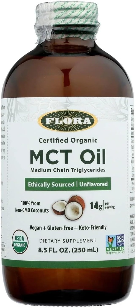 Flora - MCT Oil Certified Organic - Supports Muscle Energy & Brain Health - Contains C8 Caprylic Acid &amp; C10 Capric Acid - Non-GMO, Gluten-Free, Vegan & Keto-Friendly - 8.5 fl. oz. Glass Bottle