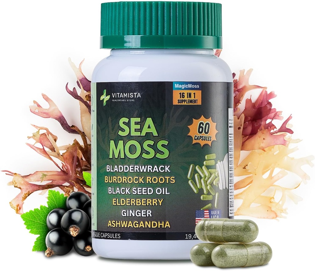 Sea Moss Capsules – 16-en-1 Sea Moss Suplemento con Bladderwrack, Burdock Root, Black Seed Oil, Ashwagandha – Immune Support & Energy Booster – 60 Vegan Capsules (19445mg)