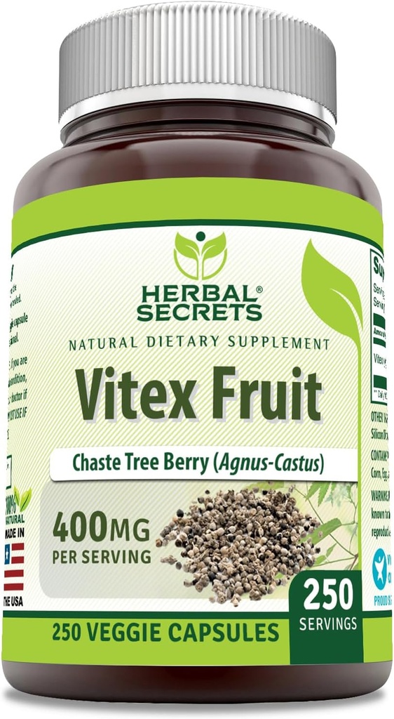 Herbal Secrets Vitex Fruit 400 mg 250 Veggie Capsules Suplemento ← Non-GMO TENIDO Gluten Free Silencio Made in USA