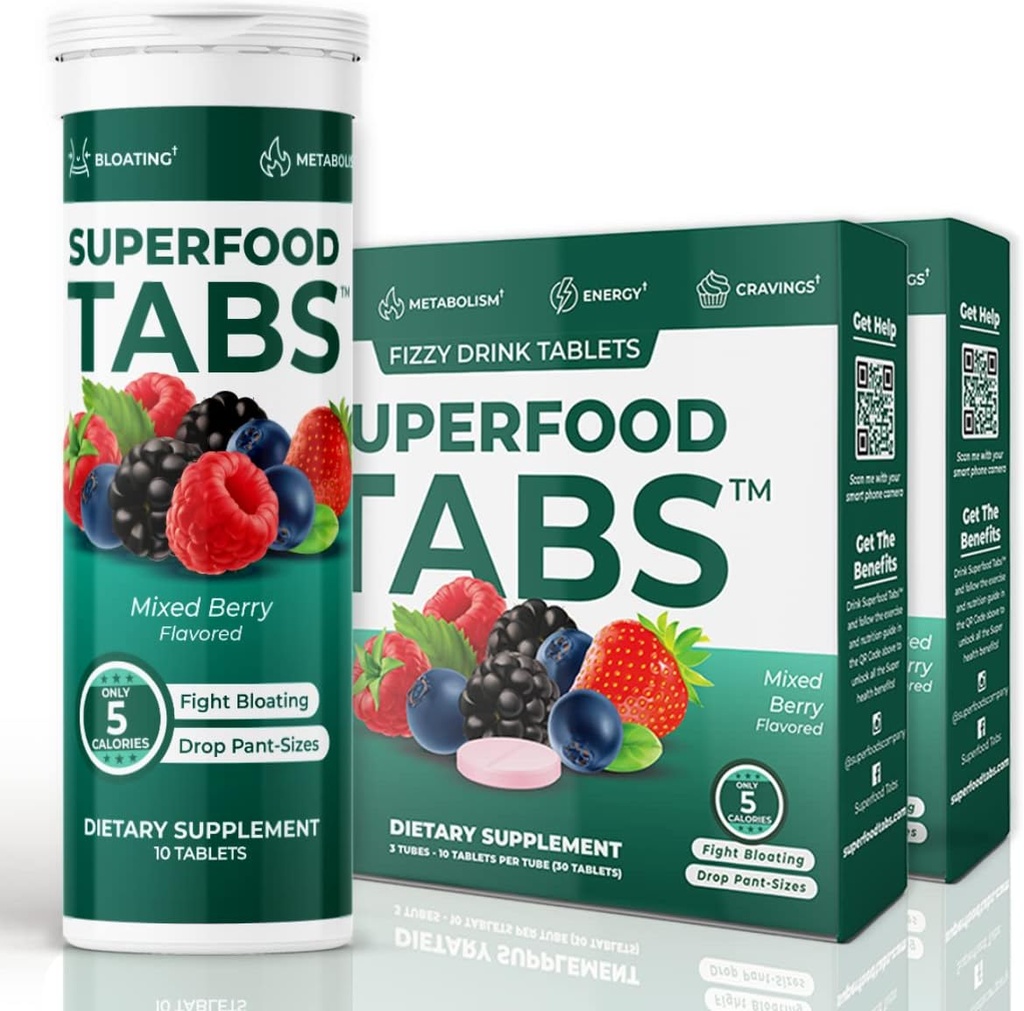 Superfood Tabs Superfoods Company Detox Cleanse Drink - Nutrition Supplement for Women &amp; Men - Support Healthy Weight, Digestive Health, Cravings & Bloating Relief - Mixed Berry Flavor [60 Tablets]