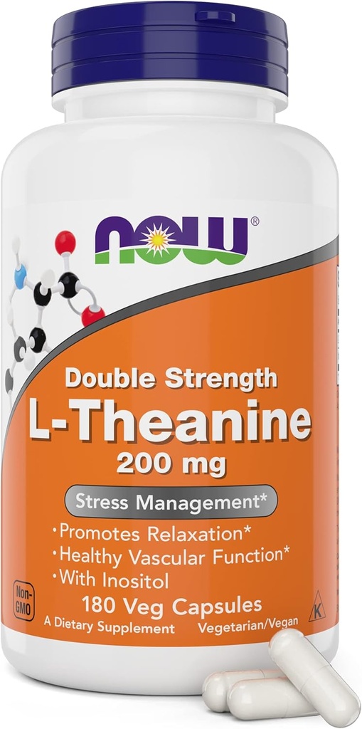 AHORA Alimentos L-Teanina, Doble Fuerza 200 mg Por Cap - 180 Veg Capsules - Mejorado con 100 mg Inositol - Vegetariano, No GMO - Ltheanine 200mg Suplemento