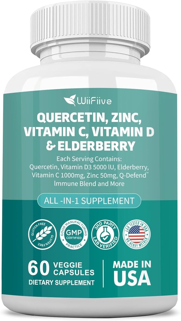 60 Conde Quercetina 50 mg Zinc 1000 mg Vitamina C 5000 UI Vitamina D3 1000 mg Turmérico 1000 mg Elderberry con Q-Defend Immune Blend Reisshi Nettle Arteemisininin, Non-GMO, Free Supports Health
