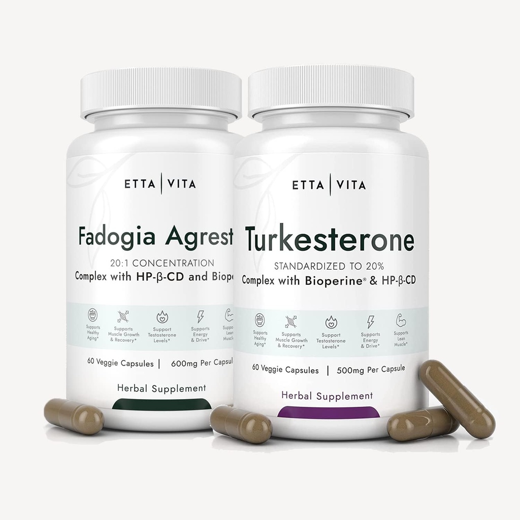Fadogia Agrestis 600mg + Turkesterone 500mg Bundle (2X More Pure - 20% Std Extract) (3X Absorbency with BioPerine & Hydroxypropyl-Beta-Cyclodextrin) Soporta recuperación muscular saludable, resistencia - Vegan