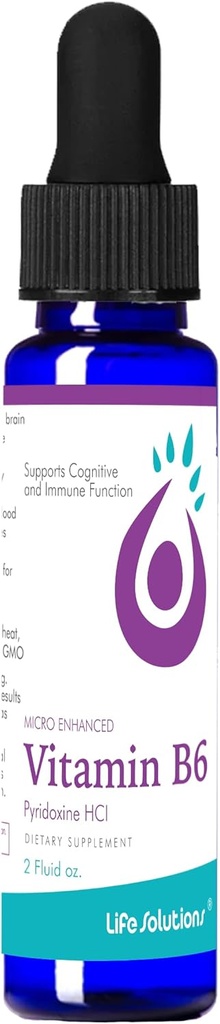 Life Solutions Vitamina B6 Pyridoxina HCI - B Suplemento de vitaminas, B6 Vitaminas 25mg,- Suplemento B6 esencial para el metabolismo, la energía y el sistema nervioso Apoyo 2oz Liquid Dropper