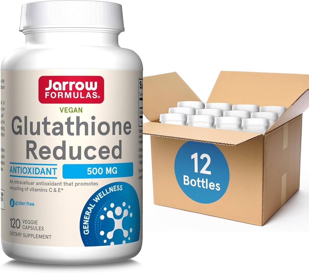 Fórmulas de Jarrow Glutathione Reducir 500 mg- 120 Cápsulas de verduras- Antioxidante intracelular- Suplementos de calidad- Apoyos Reciclaje de vitaminas C &amp; E- Gluten Free- Vegan, 12 Paquetes