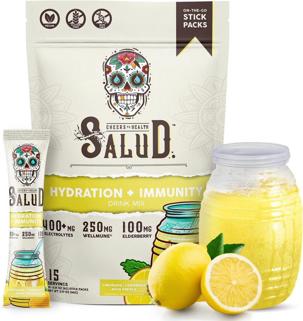 Salud 2-en-1 Hydration Packets + Immunity Electrolytes Powder, Lemonade - Agua Fresca Drink Mix, Elderberry, Dairy Soy Gratis, No Gluten Free, Vegan, Baja Calorie, 1g Sugar (15 Servings)