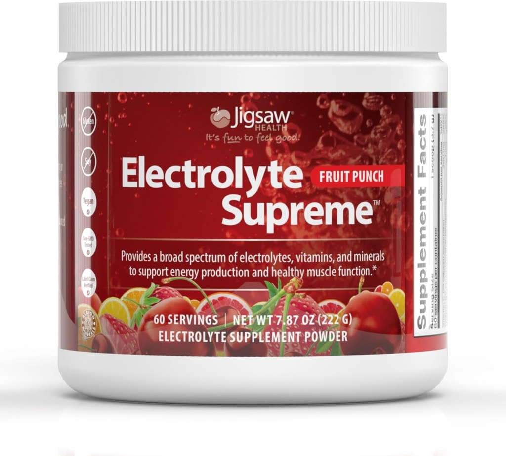 Jigsaw Health Electrolyte Supreme tención Broad Spectrum of Electrolytes + Trace Minerals ← Fruit Punch Flavor tención 60 Servings (Jar)