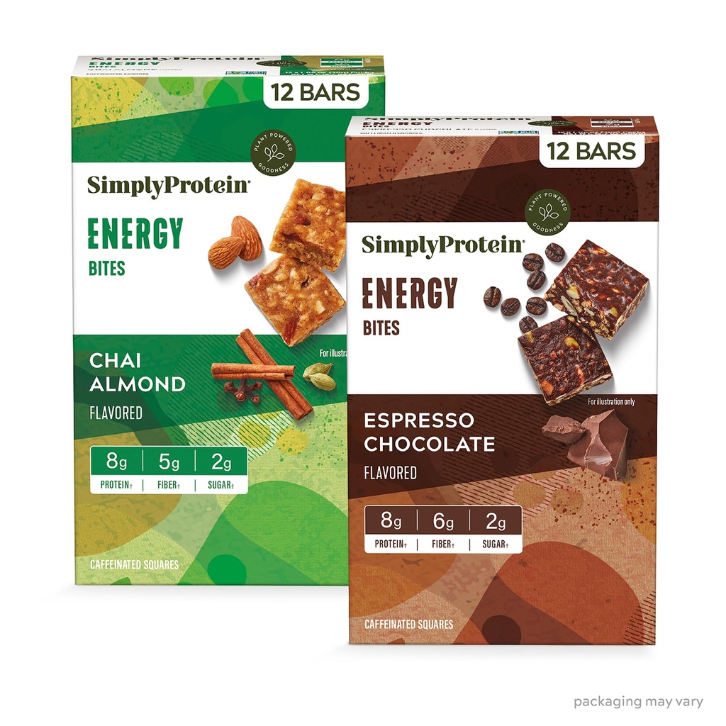 Simplemente Protein - Bites de energía Variety Pack, 24 Bares - Plant Based Caffeinated Squares - 55mg Caffeine - Energy Boost - 8g Protein, 2g Sugar, 5-6g Fiber, 120-130 Calories - Vegan, Gluten Free, Non GMO