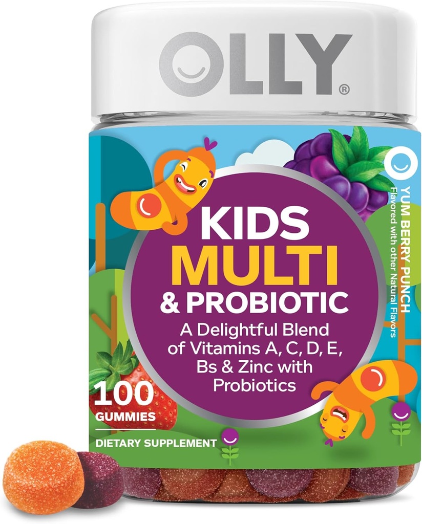 OLLY Kids Multivitamin & Probiotic Gummy, Digestive Support, Vitamins A, D, C, E, B, Zinc, Chewable Supplement, Berry Flavor, 50 day supply - 100 Count
