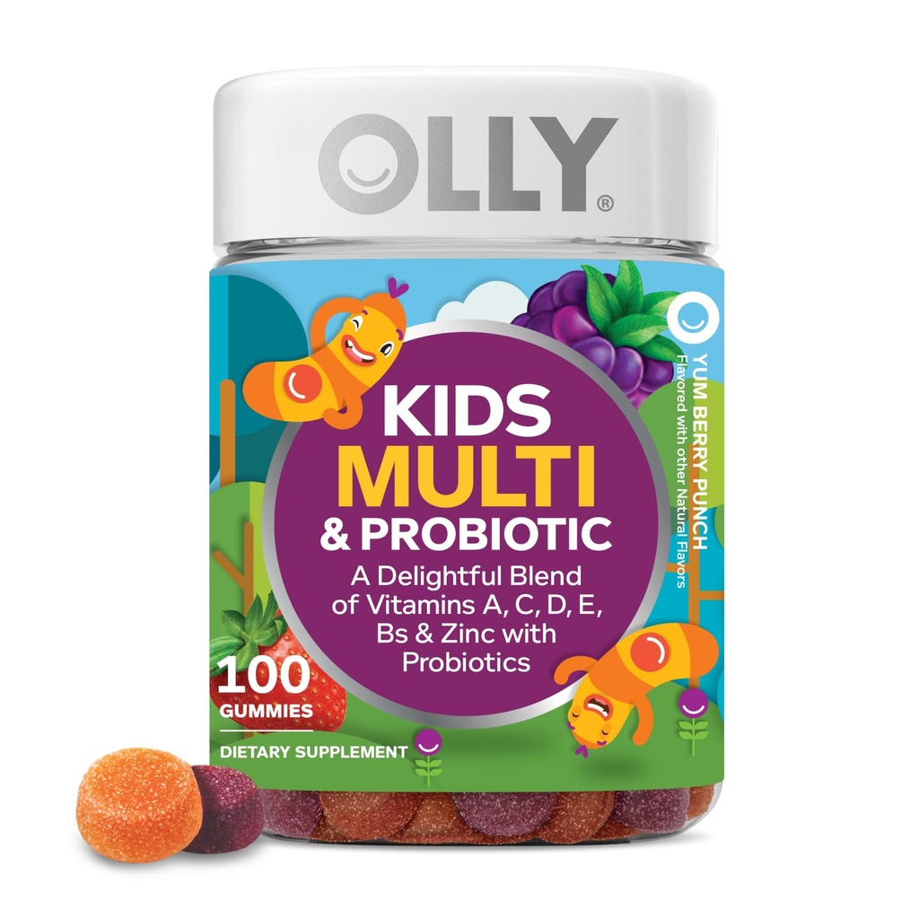 OLLY Kids Multivitamin &amp; Probiotic Gummy, Digestive Support, Vitaminas A, D, C, E, B, Zinc, Chewable Supplement, Berry Flavor, 50 day supply - 100 Count