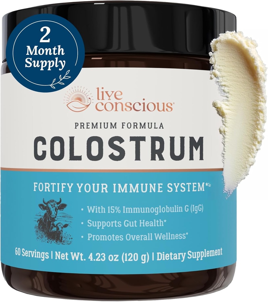 Live Conscious Colostrum Powder - Grass Fed Colostrum Supplement with Lactoferrin for Iron Absorption - Bovine Colostrum an Immune System Supplement