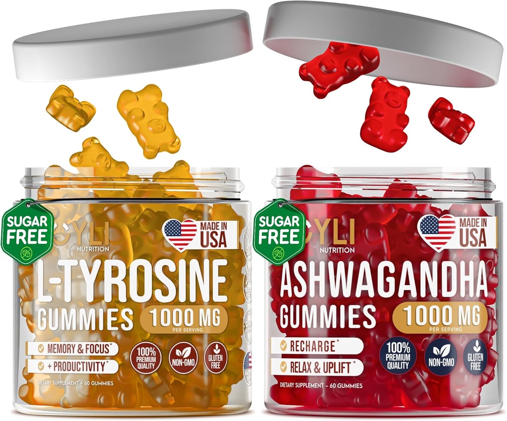 L-Tyrosine Gummies + Ashwagandha Gummies - L Tyrosine Supplement and Ashwagandha Supplements Bundle - Ashwaganda, L-Tyrosine for Kids & Adults - 60 Ashwa Gummies, 60 L-Tyrosine Focus Gummies