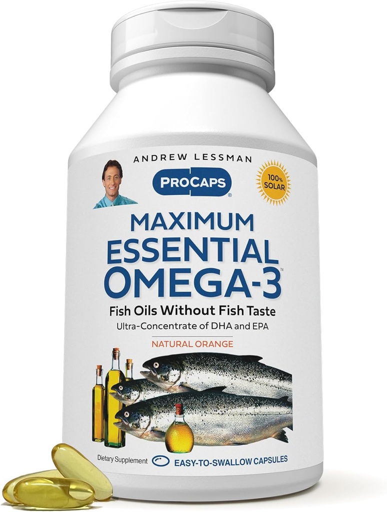 ANDREW LESSMAN Maximum Essential Omega-3 Orange - 360 Softgels - Ultra-Pure, Alta Potencia Omega-3 Aceites. High DHA, No Stomach Upset, No Contaminants, No Mercury. Pequeño fácil de absorber Softgels